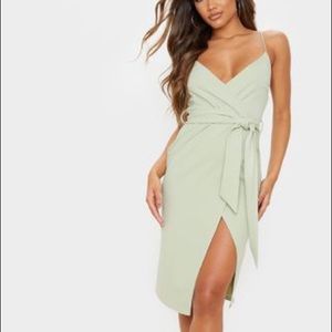 Sage Green Strappy Wrap Tie Waist Midi Dress